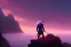 Placeholder: dark elf man, drizzt, pink eye, fantasy, far away, sunset, mystic, fog render unreal, cave exit, mountain, 2 scimitars, big landscape