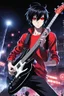 Placeholder: A 30 years old male guitarist playing electric guitar at a midnight concert, manly facial features, red creepy alien bug eyes, black hair, athletic build, correct hands, in the style of manga "Rosario+Vampire"