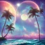 Placeholder: 1980's vaporwave aesthetic palm trees with lightning with lunar eclipse moon crescent in the ocean waves sunset