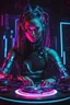 Placeholder: Cyborg Girl playing turntable dj pleyer in a dark neon room