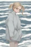 Placeholder: Standing in the grey-north sea with white clothes. Girl with a bun. Rains heavily. You see her face, blues eyes and blond hair.