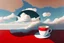 Placeholder: Landscape,horizontal view,a huge caffe cup,chinese,a white sunny cloud floating over the cup,a small red airplan flys across the cloud,lithography
