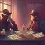 Placeholder: spanish illustrator, seppia colors, 3 owls playng cards in 1930, mafia, cyberpunk, high details, 4k, bar iterior, broken bottles, dollars on the table, rendering, cinematic, smoke in the room,