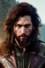 Placeholder: Human Male Druid character, muscular, brown hair, long hair, wild hair, yellow eyes, scars on body, waist up portrait, leather armor, resolution, intricate details, ornate details, soft lighting, vibrant colors, retroanime, masterpiece, natural background, realistic