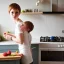 Placeholder: Realistic photo Russian shorthair beautiful tomboy boyish boylike young mother wide hips in kitchen