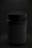 Placeholder: Black protein powder container, screw lid, lid is off, lid lays on the side of the container, round container, black studio, black background, dark setting, no labels on the container, very detailed, realism, high quality