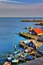 Placeholder: gothic, medieval, fishing town, rocks, long piers, fishing boats, shops, blue sky