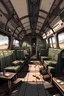 Placeholder: 2d image, train car, interior, cartoon style, from left to right, guns gore and cannoli style, without perspective damn