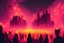 Placeholder: Pink Halloween party with yellow candles and a crowd in a lighted city under the sky