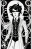 Placeholder: black haired young man necromancer wizard with gothic jewelry and tentacle fingers in the style of Aubrey Beardsley