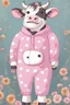 Placeholder: A cute cow dressed in a onezy pajama outfit. The onezy has pink polka dots on and is thick and cozy. She has a flower in her hair