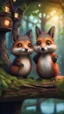 Placeholder: magazine cover with black border, adjust hue for evening, close up portrait of sleepy fox bug squirrel couple with weird worried cute huge eyes in a tree house in wonderful enchanted magical forest by river,bokeh like f/0.8, tilt-shift lens 8k, high detail, smooth render, down-light, unreal engine, prize winning