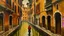 Placeholder: Impressionistic oil painting of a Venetian canal scene on a rainy day, featuring a narrow waterway flanked by aged buildings with brick and stone facades. The buildings are painted in warm tones of orange, yellow, and red, with visible brushstrokes adding texture and depth. A person with their back turned is walking along a narrow walkway, holding a yellow and red umbrella. A boat covered with a white tarp is docked in the canal, its blue and red hull reflected in the water. The water is dark an