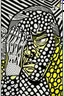 Placeholder: tribal man in grief with hands on face crazy shapes pencil draw style of roy lichtenstein