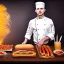 Placeholder:  portrait of handsome man with head band and golden watch, behind him another chef in front blurred dark wooden wall, huge smoking hot dog, shiny fork and knifes on dinner table with cloth, fantasy art book cover