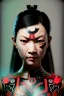 Placeholder: Studio photo portrait, Asian woman samurai, yakuza body tattoos, symmetry photography, cyberpunk, army dress, japanese traditional ornaments, red, white, black, led wires, glow eyes, cinematic, Ultra realistic, wide angle view, soft color, highly detailed, unreal engine 5, RTX, ultra detail, 3d, finely drawn, high definition.