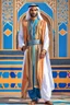 Placeholder: Super model arabian handsome man, detailed, hyper realistic, wearing Arabian a vibrant Amazigh dress adorned with geometric patterns,in the sun, standing proudly in the Atlas Mountains.