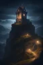 Placeholder: fantasy medieval tower on hill at night