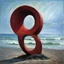 Placeholder: Odd red sculpture, realistic, beach, Max Ernst