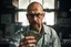 Placeholder: man looking like "Walter White" in breaking bad tv show, bald and goatee glasses, holding a packets of condoms from a desk in a slum bar, smoke and light from windows.