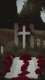 Placeholder: A grave in a field full of red roses. Above the grave is a white lace scarf and a gun.cinematic