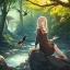 Placeholder: anime girl meditation pose, rock, trees, birds, creek