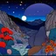 Placeholder: Colourful, peaceful, Egon Schiele, Max Ernst, night sky filled with galaxies and stars, rock formations, trees, flowers, one-line drawing, sharp focus, 8k, deep 3d field, intricate, ornate