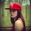 Placeholder: woman with a red baseball hat. leaning on a wooden rail. night time.