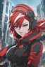 Placeholder: Young woman with red and white hair, blue eyes, wearing red and black clothes, city background, wielding a futuristic battle are, RWBY animation style