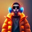 Placeholder: Bird toddler, smile, cyberpunk headphone, sunglass, gangsta neckless, full body, orange puffer jacket, tokio background, dramatic lighting, hyper realistic, unreal engine 5, 16k