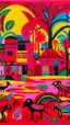 Placeholder: A reddish magenta fiery psychic wetlands designed in African masks painted by Stuart Davis