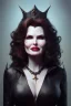 Placeholder: Geena Davis as evil queen in black leather, leather, busty, cleavage, angry, rage, stern look. character design by cory loftis, fenghua zhong, ryohei hase, ismail inceoglu and ruan jia. unreal engine 5, artistic lighting, highly detailed, photorealistic, fantasy