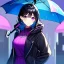 Placeholder: 8k, Girl, high quality, detailed, black hair, purple eyes, beautiful lighting, vibrant colors, jacket, raining, umbrella