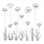 Placeholder: set of grow wind flower on the grace, SIMPLE ONE lineS art, white background, minimalis, different view, only white bakcground solid.