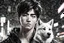 Placeholder: 2 cute Asian guy, Anime gamer boy, 20 years old, model looks, black eyes, beautiful, handsome, Wednesday Adam in 8k anime cgi drawing style, Adam family them, neon effect, close picture, rain, highly detailed, high details, detailed portrait, masterpiece, ultra detailed, ultra quality, Chinese city, 1 husky dog black and white, monochrome, side view