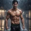 Placeholder: Hyper realistic Extremely Handsome shirtless with short black hair muscular man getting wet in a rainy night wearing black shirt