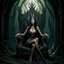 Placeholder: Morena Baccarin as a beautiful sexy dark elf queen seated elegantly on a throne in a mystical forest, dark celtic vignette frame