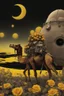 Placeholder: A weird abstract image of an oasis, a camel, astronot, broken bicycle, bush of yellow roses, clear skies with red moon, army tanker, weird, chaos80