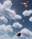 Placeholder: Ultra realistic speed clouds sky scene, wide angle view, child falling down with many Children background, inflatable monsters, circus dress style, feather color, free jumping flying, many trinkets, hair monster, many jelly beans, balls, color smoke, smile, happy, extreme, wind, clouds sea, 20,000 feet altitude, stratosphere, soft color, highly detailed, unreal engine 5, ray tracing, RTX, lumen lighting, ultra detail, volumetric lighting, 3d, finely drawn, high definition.