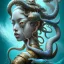 Placeholder: Sango fantasy, fantasy magic, intricate, sharp focus, illustration, highly detailed, digital painting, concept art, matte, art germ and Paul Lewin and Kehinde Wiley, masterpiece Japanese mermaid head bronze octopus' Asian African girl nice breast Thai hair turquoise silver blue under water