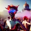 Placeholder: Ultra Realistic photo, medium shot view, drunken dancer naked woman, carnival scene, monster hair, steampunk. Red hair, confeti, Sunglasses, smile, happy, festival, gradient color fog. highly detailed, concept art, unreal engine 5, ray tracing, RTX, lumen lighting, ultra detail, volumetric lighting, 3d, finely drawn, high definition, high resolution.