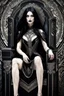 Placeholder: detailed beautiful goddess Hel with long black hair, pale white skin, detailed eyes, sitting on the throne of Helheim, inquisitive spirit | inspiration | dark colors, intricate detailing, surrealism, fractal hair, enigmatic villainess smile, dressed in complex chaotic fractal leather, artificial nightmares style, reflective eyes, detailed eyes, detailed art deco ornamentation, Cinematic lighting, Volumetric lighting,Photorealism, Bokeh blur, Very high detail, Sony Alpha α7, IS1900