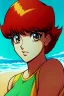 Placeholder: 1girl, retro anime, 80's, redhead,portrait, synth-wave colors, beach