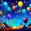 Placeholder: fiber drawing of a birthday party in the sky at night, on the clouds, with colorful light bulbs, garlands, pennants, balloons, confetti, party spirit, music, the stars shine and dance