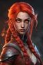 Placeholder: beautiful Fire genasi rogue female. Hair is long, red, and made of fire. Part of hair is braided. Big bright red eyes. Skin color is dark.