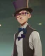 Placeholder: tall young man witbh square glasses, blonde hair and grey eyes. He wears blue shirt, dark tails, bow tie and chimney pot hat. He is lauging. He has a cat with sharp teeth and claws.