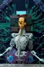 Placeholder: "AI Overlord" portrays a robot in front of a circuit board with the head being a television showing a talking head and the body being a skeleton dressed in a couture suit made from elaborately detailed quilling found in nature; neo-surrealism