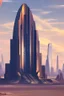 Placeholder: spaceship in an alien desert city surrounded by strange tall buildings