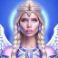 Placeholder: portrait of a beautiful aztecan woman with an angel face smiling,long blond hair, blue eyes, pink and blue dress, jewels, soft light aura