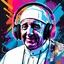 Placeholder: Illustrative sketch of Pope Francis in music with headphones, contrasting colors, ultra quality, hyper detailed, graffiti, concept art, maximalism, 8k